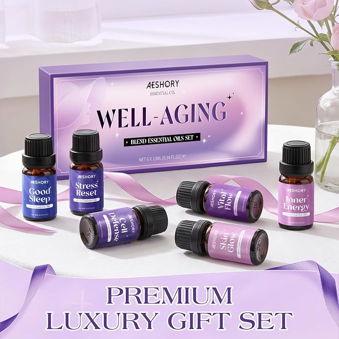 AESHORY Well-Aging Essential Oils Set, 6 Premium Aromatherapy Blend Oils for Diffusers for Home, Self Care & Relaxation Gift for Women, Good Sleep, Stress Reset, Vital Flow, Skin Glow, 6 x 10ML