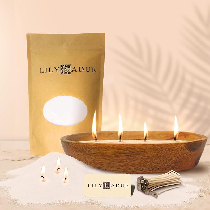 LILY LADUE Sand Candle Kit - 1Lb/16Oz Pearled Candles Sand and Wicks (24) with Wood Holder, Unscented Aroma Beads, Reusable Pearled Candle Wax for DIY Home Kit, Powder Beads Refill Available