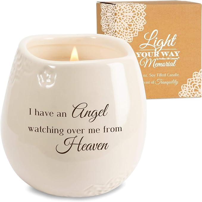 Pavilion Light Your Way Memorial Ceramic Vessel - 100% Soy Wax Candle with "I Have an Angel Watching Over Me From Heaven" Text, Decorative Soy Filled Candle, Scent of Tranquility, 8 oz, White