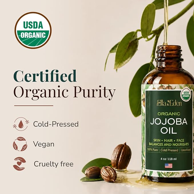 Ella & Eden 16 Oz Organic Jojoba Oil For Hair – USDA Certified – 100% Pure Cold-Pressed & Unrefined Moisturizer for Hair, Skin, Face & Nails, Hexane-Free Carrier Oil - Food Grade Plastic Bottle