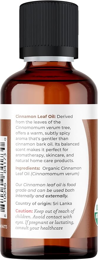 Viva Doria Cinnamon Leaf Essential Oil, USDA Certified Organic Cinnamon Leaf Oil, 100% Pure, Natural Essential Oil, Undiluted, for Aromatherapy | Food Grade, 30 mL (1 Fluid Ounce)