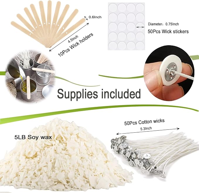 DINGPAI Soy Wax for Candle Making, 5LB Organic Soy Candle Wax Flakes Natural Candle Making Supplies,50 Cotton Wicks,50 Wick Stickers,10 Wick Holders