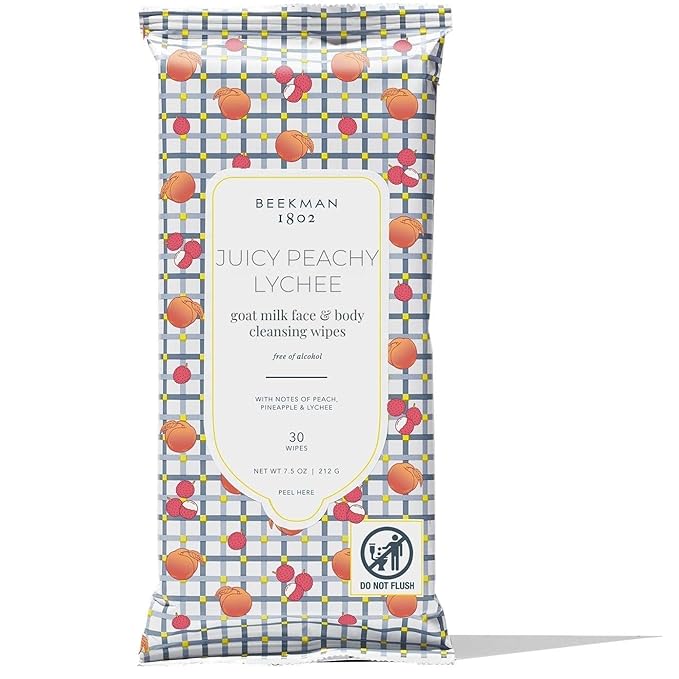 Beekman 1802 Face Wipes – Makeup Remover Wipes for Face, Facial Cleansing Wipes that Remove Makeup & Dirt, Travel Essentials, Face Wipes with Goat Milk & Aloe, Juicy Peachy Lychee 30 Count