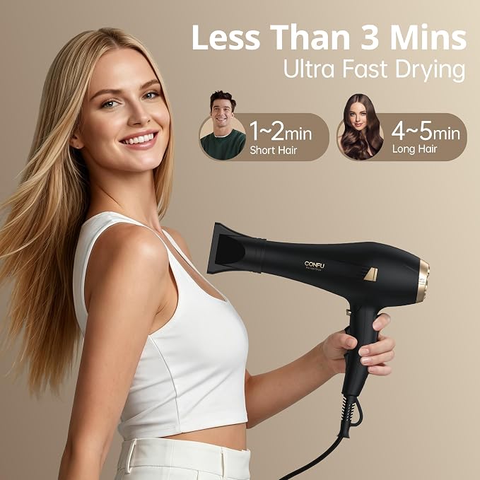 CONFU Hair Dryer Professional Ionic - Salon Blow Dryer with Diffuser for Women & Men - 5X Fast Drying 1875 Watt Powerful Hair Blow Dryer with Comb for Fast & Easy Styling