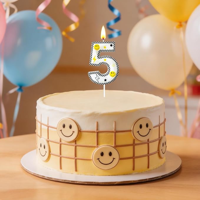 Number 5 Birthday Candle for Cake – 2.7 Inch Large Size Black White Checkered Smiley Design with Lightning & Star – five Happy Dude Theme Cake Topper Decoration