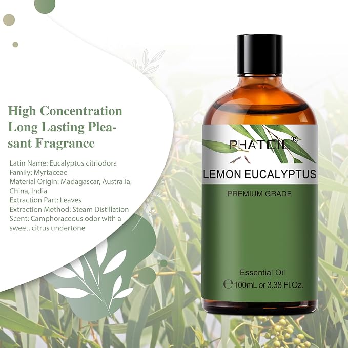 Lemon Eucalyptus 3.38fl.oz Essential Oil, PHATOIL Aromatherapy Essential Oils for Diffuser, Humidifier, Perfect for DIY Soap, Candle, Bath Bombs Making(100ml)