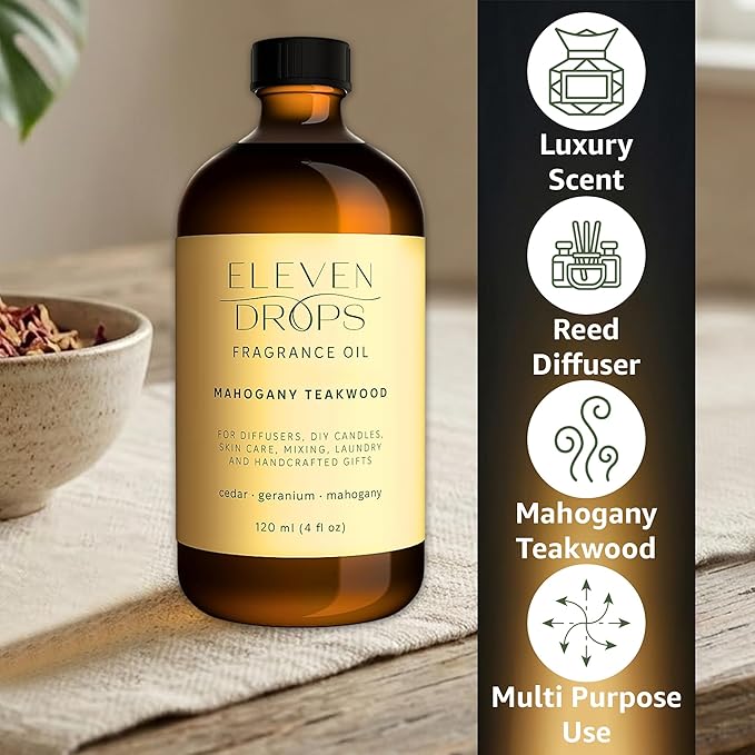 Mahogany Teakwood Fragrance Oil | Cedar, Geranium & Mahogany Notes | Long Lasting Scent Reed Diffuser Oil for Home, Office, Hotel, Car & Linen Spray | Pet Friendly IFRA Compliant, 4 oz