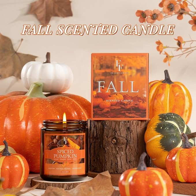 Fall Candle, Spiced Pumpkin Scented Candles for Home, Natural Soy Autumn Candle Aromatherapy Candle, 7 oz Jar Candles Fall Gifts for Women Men