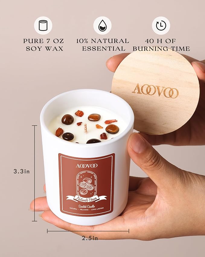 AOOVOO Nutmeg Beans Scented Candles for Women - Aromatherapy Candle with Crystals Inside, 7oz Soy Candles for Home Scented, Mothers Day Birthday Gifts Candle for Women Mom