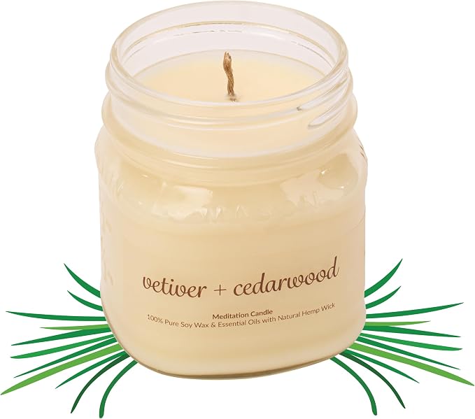Meditation Soy Wax Candle, Relaxing and Banishing Negative Energy, Non-Toxic Handpoured Glass Jar Candle - Clean Burning, Long Lasting, Candles for Home, Fragrance (Vetiver + Cedarwood)