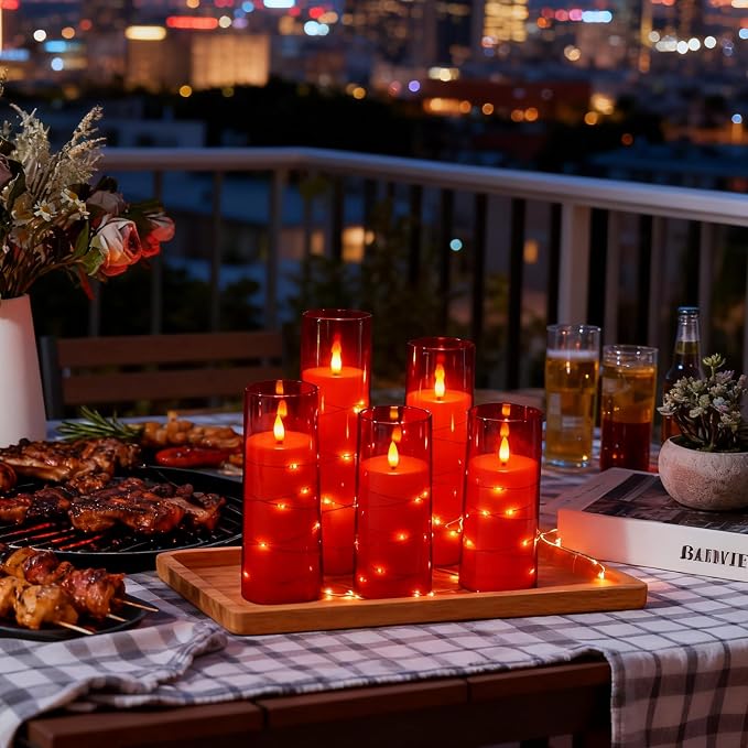 kakoya Flameless LED Candles with Timer 24 Pc Flickering Flameless Candles for Romantic Ambiance and Home Decoration Stable Acrylic Shell,with Embedded Star String，Battery Operated Candles（Red）