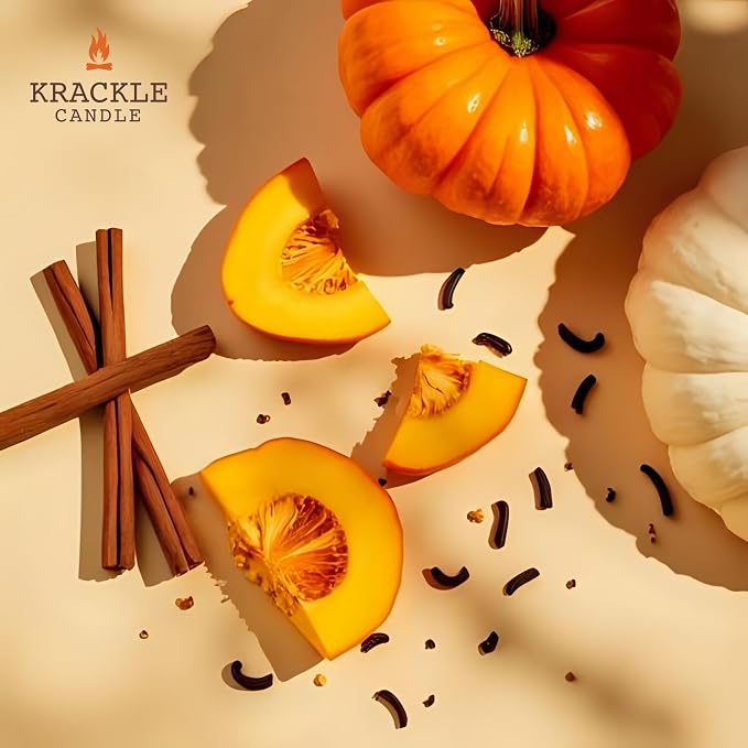 Krackle Candle | Spicy Pumpkin | 16 oz Scented Candle with Natural Crackling Wooden Wick | Poured in the USA | Pumpkin, Cinnamon & Vanilla Bean Fragrance