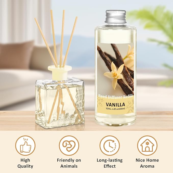 STRN Reed Diffuser Oil Refill, Vanilla Scented Diffuser Oil Refills with 6 Reed Sticks 200ML(6.8fl.oz), Room Fresheners for Home, Long-Lasting Summer Fragrance for Living Room, Bedroom, Office