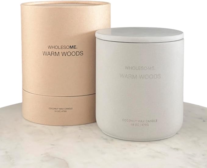 WHOLESOME. Warm Woods Scented Non-Toxic Candles for Home, 2 Wicks Natural Coconut Wax Candle Eco-Friendly, Luxury Aromatherapy Candles Stress Relief, 16 oz Large Concrete Jar, 90 Hours Burn