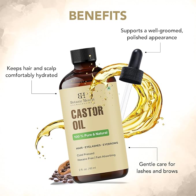 Botanic Hearth Castor Oil & Hair Treatment Oils 2 Fl oz| 100% Pure & Natural, Cold Pressed |For Hair, Eyelashes & Eyebrows | Hexane Free, Fast Absorbing | With Applicators & Dropper | All Hair Types
