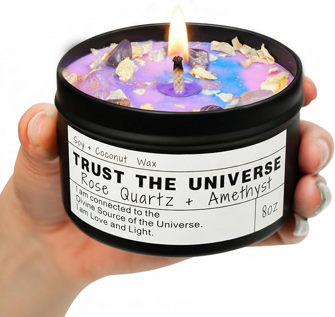 Trust the Universe Candle - Anxiety Relief, Self Care Gift, Meditation, Spiritual Gift, Crystal Candle, Opium Scent (8oz)