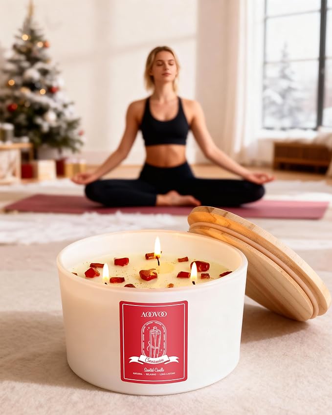AOOVOO Apple Cinnamon Scented Candles for Women - 20oz 3 Wick Soy Candles for Home Scented, Aromatherapy Candle with Crystals Inside, Birthday Gifts Valentines Day Candle for Women Mom