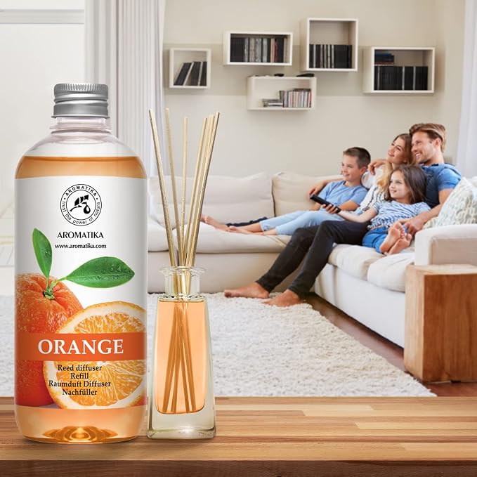 AROMATIKA Orange Reed Diffuser Refill 17 Fl Oz (500ml) - Room Fragrance Diffuser with Natural Essential Orange Oil - Best for Aromatherapy - Home - Kitchen - Office