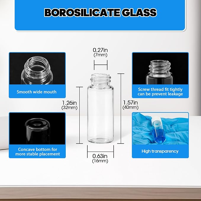4ml Clear Glass Vials with Screw Caps and Plastic Stoppers, 1 Dram Small Liquid Sample Vial, Leak-Proof Vial, 50PCS(White Cap)