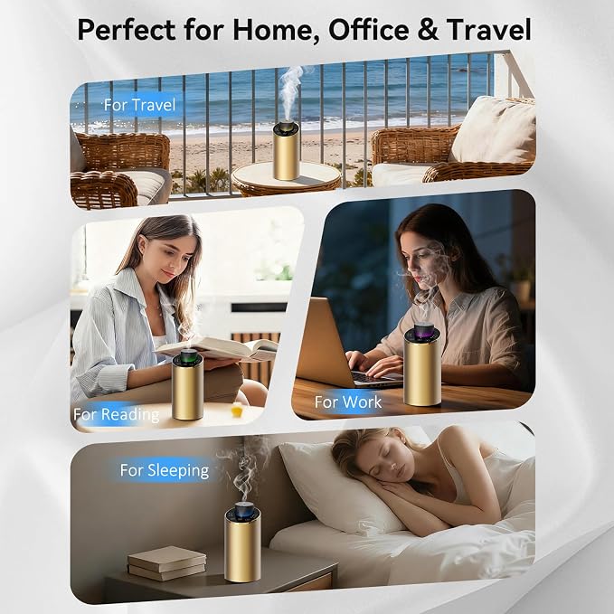 Waterless Essential Oil Diffuser Aromatherapy Scent Diffusers for Home Large Room, Bedroom, Car, Office, Desk, Battery Operated Mini Portable Air Freshener, 3 Countdown Timers & 3 Mist Levels, Gold