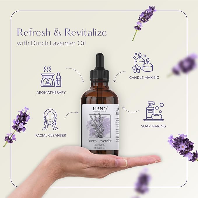 HBNO California Bottled Dutch Lavender Essential Oil 4 fl oz (120ml) - Natural Lavender Oil for Skin, Perfect for Cleaning, Aromatherapy, DIY & Diffuser