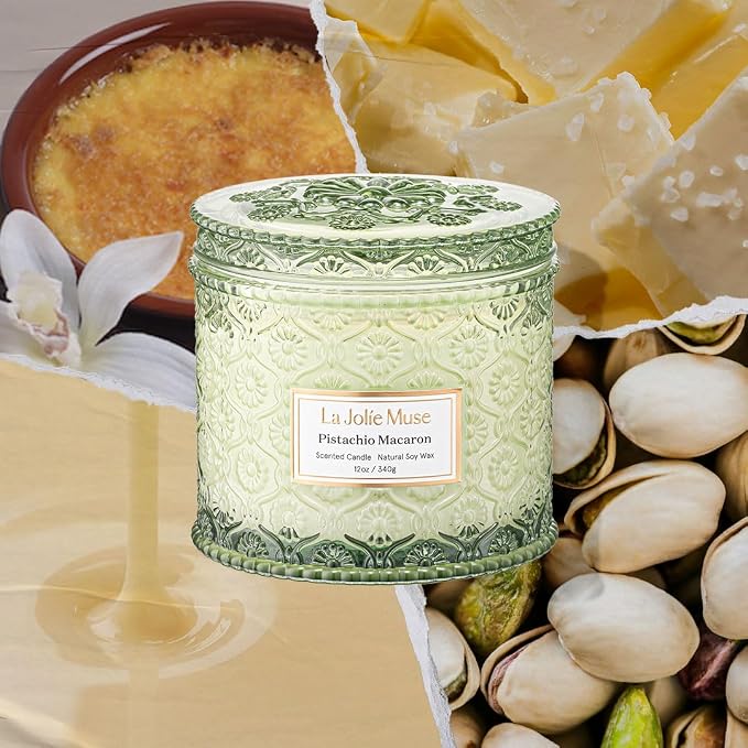 LA JOLIE MUSE Pistachio Macaron Scented Candles for Home, Soy Wax, 2-Wick | Large Jar Luxury Candles, Clean Non Toxic, Gift for Women & Men, Decorative Gourmand Candle, Pretty Candle, Vanilla Milk,12oz