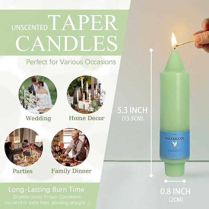 Smokeless Candlesticks Short Taper Candle,Unscented 5 Inches Light Green Candle Sticks Dripless Tapered Candles for Home Décor Weddings Seasons Gifts(4pcs-Light Green)