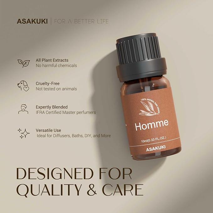 ASAKUKI Oil Diffuser Set – 500ml Cool Mist Humidifier with 6 Masculine Essential Oils – Dark Cologne, Tobacco Vanilla, Vetiver, More – for Home, Office, Gift