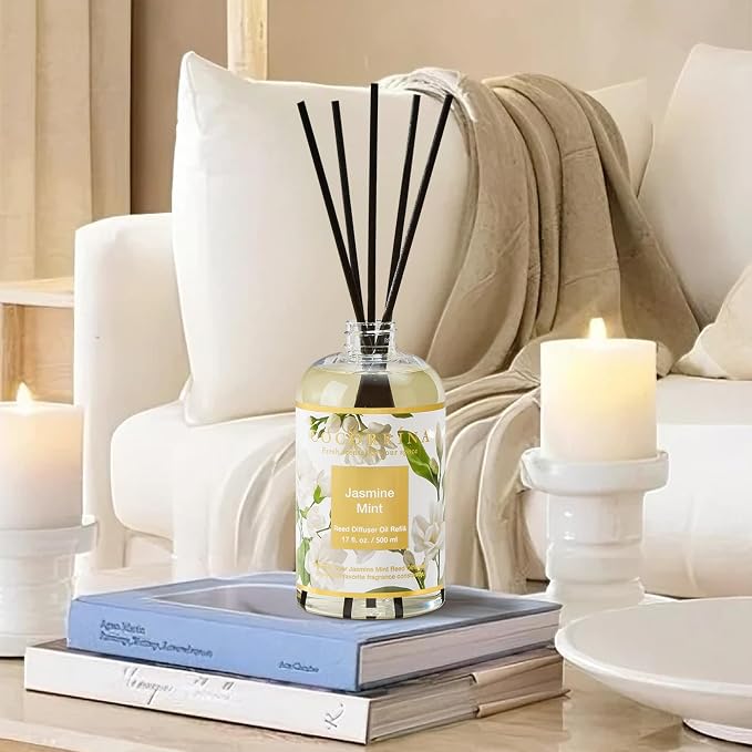 Cocorrína Reed Diffuser Refill Jasmine&Mint 17oz (500ml) with 8 Sticks - Premium Long-Lasting Scented Oil, Home Fragrance for Bedroom, Bathroom Home Decor