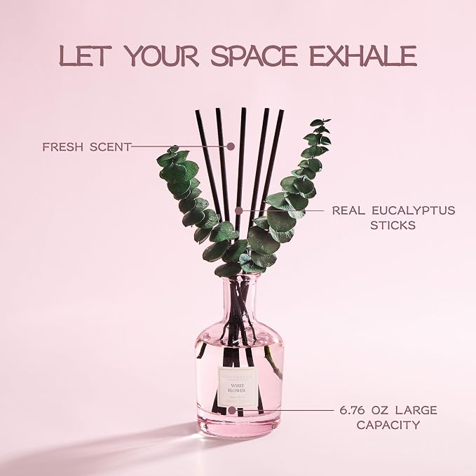 COCORRÍNA White Flower Reed Diffuser – 6.76 oz Essential Oil with 8 Reeds & Real Eucalyptus Sticks, Home Fragrance for Bedroom or Bathroom Décor