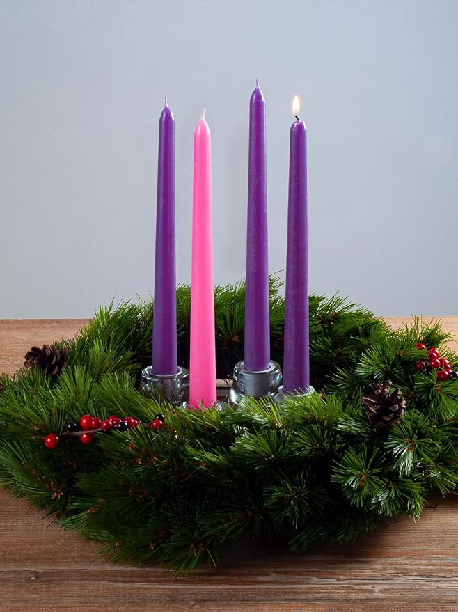 CANDWAX 10 Inch Advent Taper Candles Set of 4 - Long Burning Dripless Unscented Tapers - Perfect for Advent Wreaths, Christmas Décor - 3 Purple Tapers, 1 Pink Tapered Candle