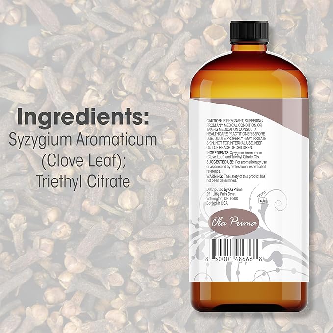 Ola Prima Clove Essential Oil for Aromatherapy, Diffuser, Soap, and Skin Moisturizer (16oz Bulk)