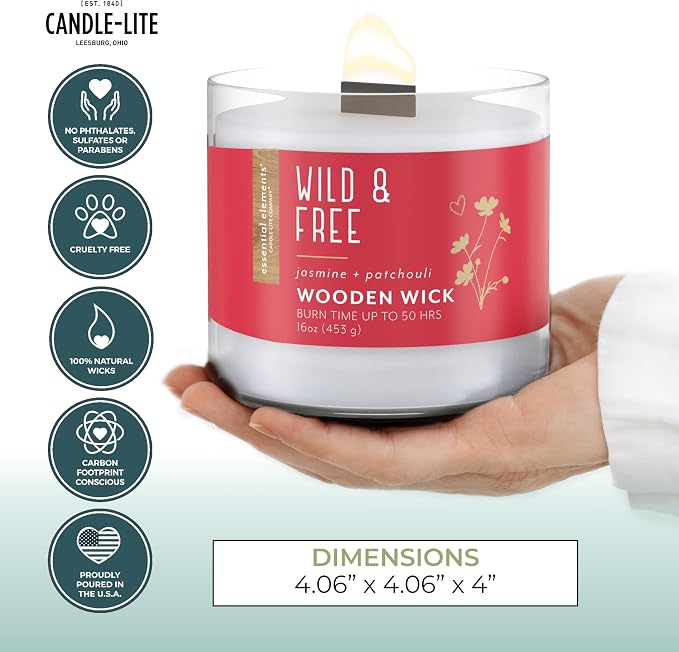 Candle-lite Essential Elements Scented Candles, Wild & Free, 16 oz Jar, Proudly Poured in The USA, Aromatherapy, Single-Wick with 50 Hours of Burn Time, Perfect for Creating a Relaxing Ambiance