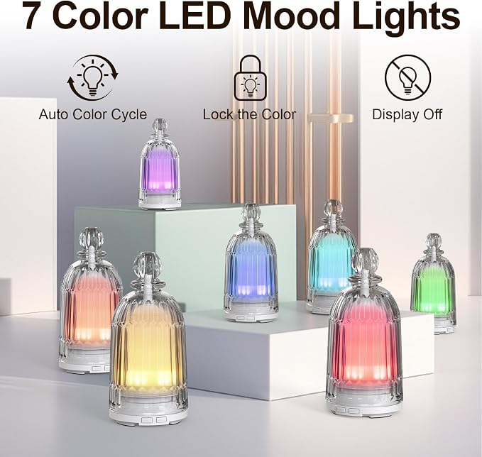 120ml Glass Essential Oil Diffuser, Ultrasonic Aroma Diffuser Glass Cover & Plastic Reservoir with Auto Shut-Off, 7 Colors LED Light for Home, Bedroom, Office, Yoga(White Base)