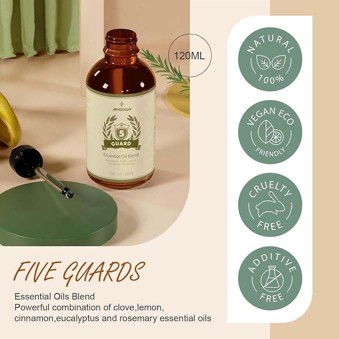 ARVIDSSON Five Guard Essential Oil Blend 4 Fl. Oz (120ml), Guards Essential Oil Blends of Clove, Eucalyptus, Lemon, Cinnamon, Rosemary Oils, A Refreshing Experience for Home