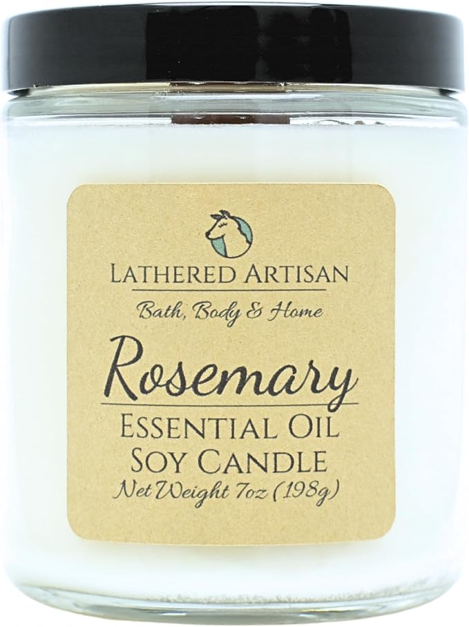 Rosemary Scented Essential Oil Candle 7 oz, Hand Crafted Pure Soy Wax Candle with Wooden Wick, Dried Botanicals, 54 Hour Burn Time, Natural Aromatherapy Glass Jar Candle with Lid by Lathered Artisan