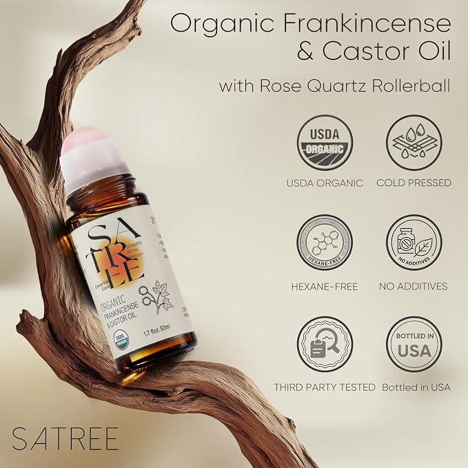 Organic Castor & Frankincense Oil with Rose Quartz Rollerball - USDA Certified Essential Blend Oil Roll-On, for Face & Body, Anti-Aging, Dark Circles (1.7fl oz)
