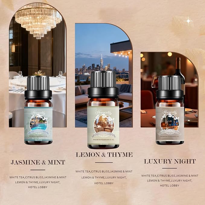 Essential Oil Set, Pure Essential Oils for Diffusers Home, Skin Care, Massage, Fragrance Oil Scents Including White Tea,Jasmine & Mint,Hotel Lobby,Citrus Bliss,Lemon & Thyme,Luxury Night