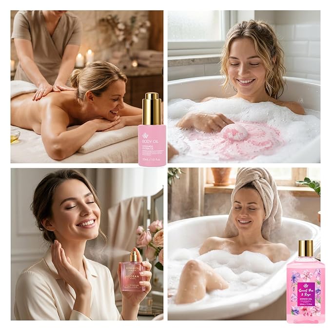 Gifts for Women, Gifts Basket for Women, 32 Pcs Rose Bath and Body Gift Basket Set, Hydrating Facial Skin Care Set, Self Care Pampering Kit, Home Spa Basket Set for Mom & Wife, Birthday, Anniversary