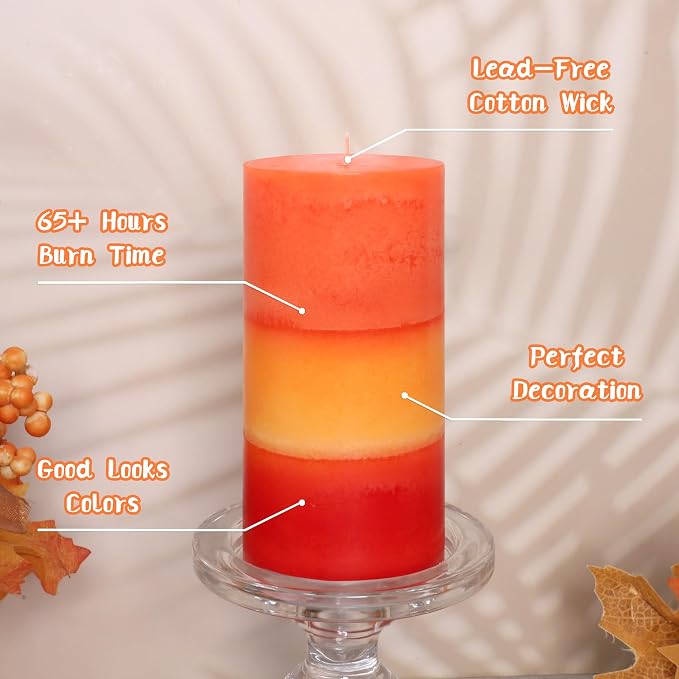 Tall 3x6 Inch Orange Pillar Candles 3 Pack Hand-Crafted Spiced Pumpkin Scented Candles Long Burn Time Dinner for Home Scented Housewarming Thanksgiving Gifts Fall Autumn