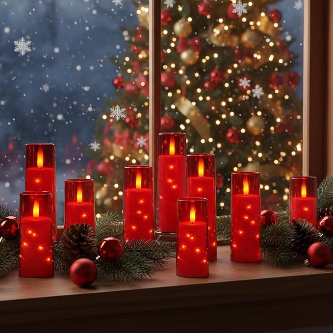 Raycare Flameless Candle with Remote Timer – 5 Flickering Acrylic Battery Operated LED Pillar Candles with Embedded Star String for Halloween, Home Decor, and as a Gift(Red)