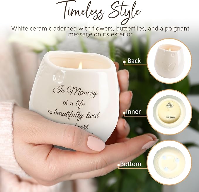 Pavilion 'In Memory, Beautifully Lived' 19178 - White Ceramic Candle with Soy Wax in a Delicate Floral Scent, Thoughtful Sympathy, Remembrance, and Condolence Gift - 8 Ounces
