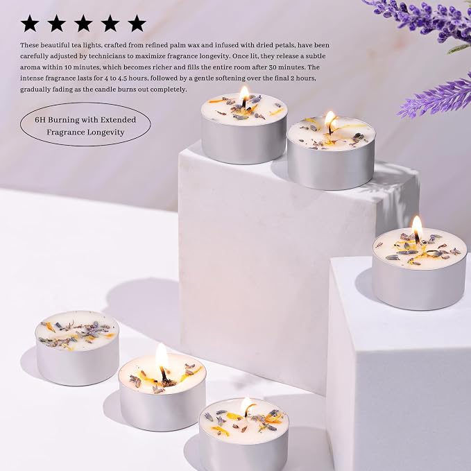 16 Pcs Lavender Scented Tealight Candles, 6H Long Burning - 100% Palm Wax Based Scented Tea Lights with Dried Flowers, Non-Toxic/Smokeless Scented Tea Lights Candles for Spa, Bath, Wedding