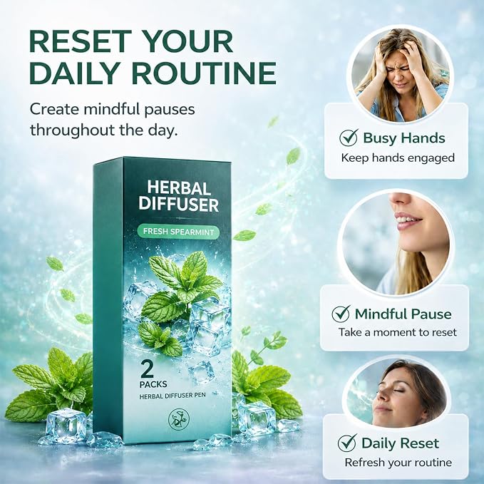 Herbal Diffuser Pen 2 Pack, Natural Mint Aroma Botanical Fragrance Stick, Fresh Scent Stick, Portable Non-Electric Herbal Diffuser for Desk, Travel, Home