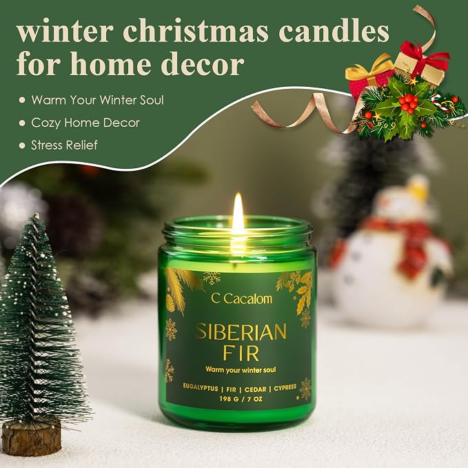 Siberian Fir Christmas Soy Candles for Home Decor, Non-Toxic Aromatherapy Scented Candles for Holiday Gifts, Cozy Cute Jar Candle, Winter Candle for Women Men