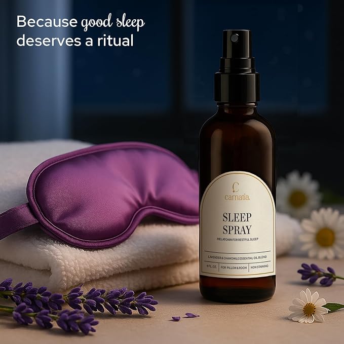 Carnatia Sleep Spray with Melatonin – Lavender & Chamomile Pillow Mist | Aromatherapy Essential Oil Blend for Relaxation & Deep Sleep | 4 fl oz Calming Bedtime Spray