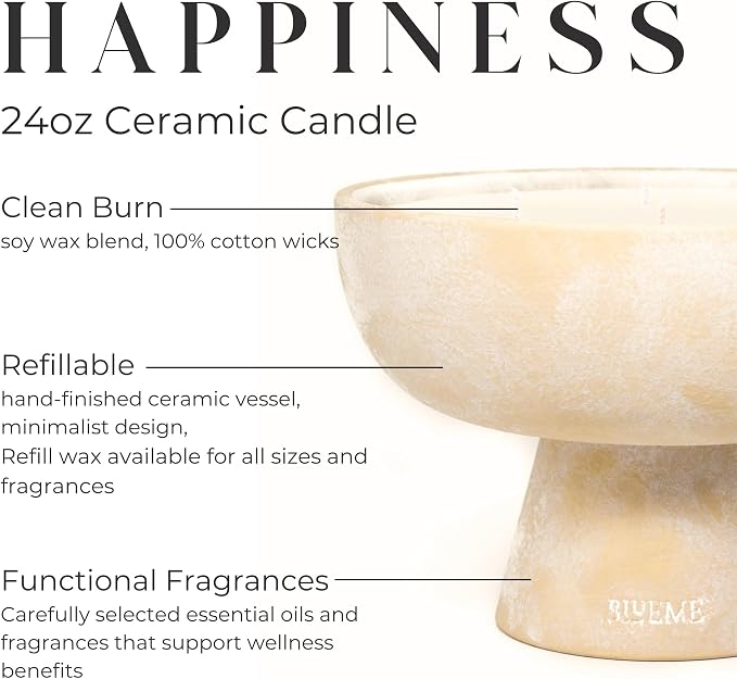 Blueme Happiness Candle | Yuzu & Ginger | 5 Wick - Refillable Wellness Candle with Essential Oils, Hand Finished & Poured Soy Wax Blend Ceramic Vessel, Natural Cotton Wicks | Large 24 oz