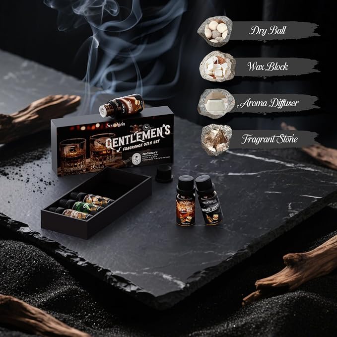 Soulorigin Gentleman Fragrance Oils Set, Essential Oil for Diffuser, Diffuser Oil, Use for Soap Candle Making, Sandalwood, Cedar, Rum, Leather, Smoky Oud, and Frankincense & Myrrh