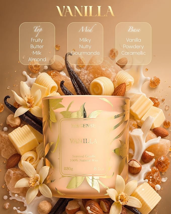 M&SENSE Vanilla Candle Scented for Home, 8.1oz Natural Soy Candle Non Toxic 42 Hours Long Lasting Burning, Cozy Stress Relief Aromatherapy Candle Gifts for Women & Men