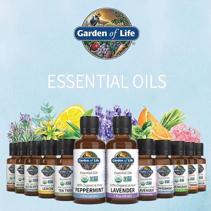 Garden of Life Essential Oils Starter Pack (Lavender, Peppermint, Lemon, Tea Tree) 2 fl oz Liquid (60 mL) - Set of 4-0.5 fl oz Bottles, 100% USDA Organic & Pure, Non-GMO, for Diffuser, Aromatherapy